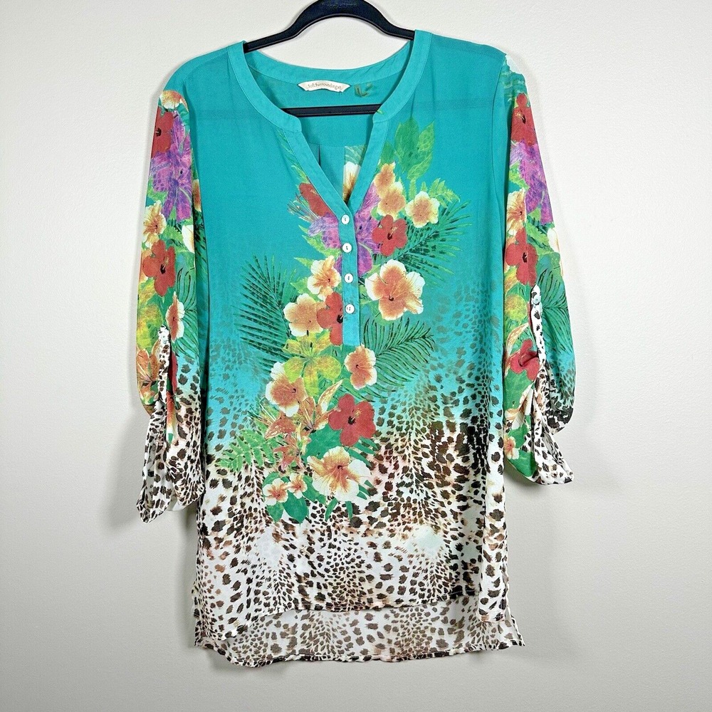 Soft Surroundings Medium Tunic Teal 3/4 Sleeve Floral Leopard Roll Tab Blouse